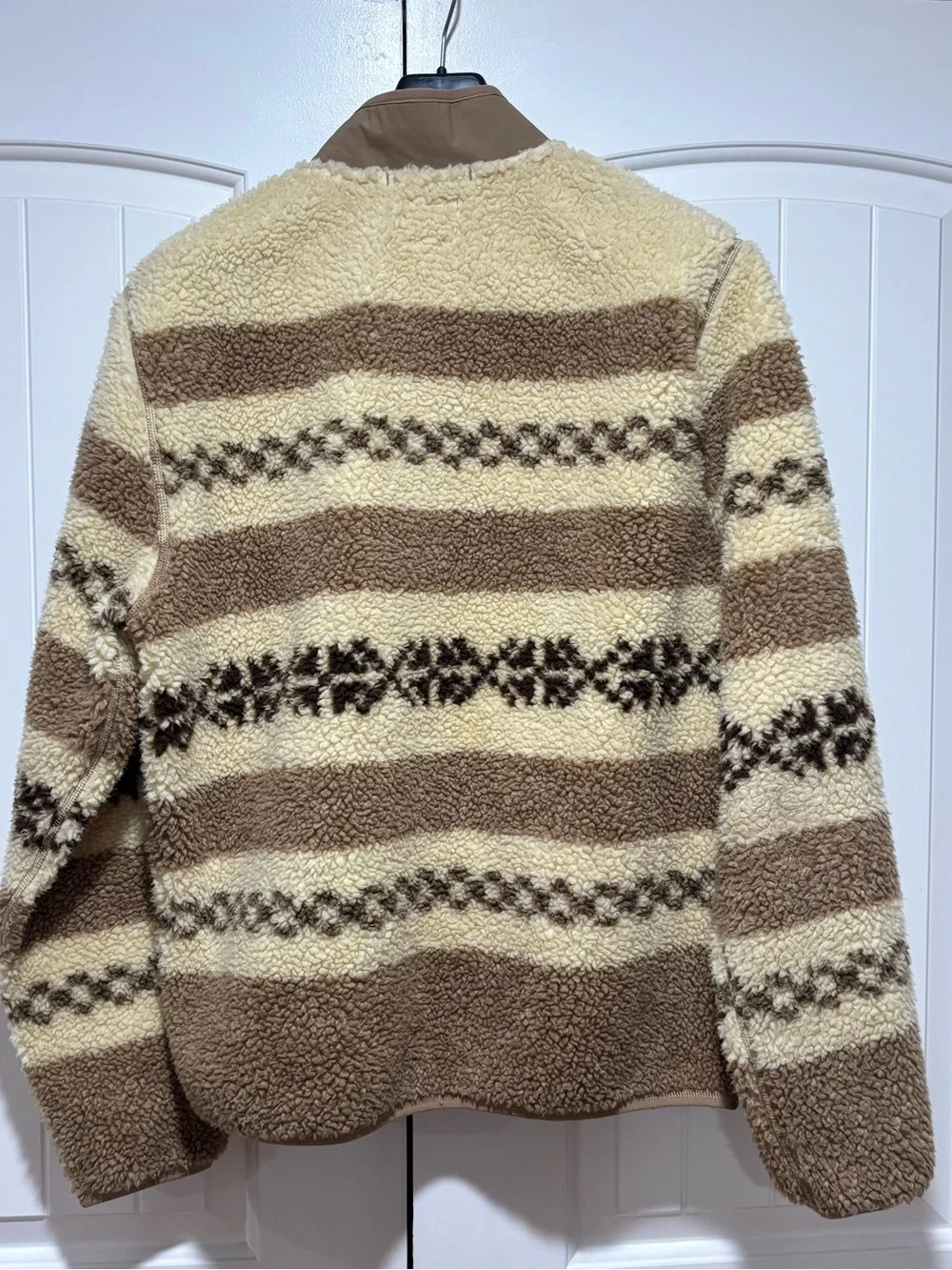 J. Crew Men's Cream and Brown Striped Sherpa Zip-Up Jacket
